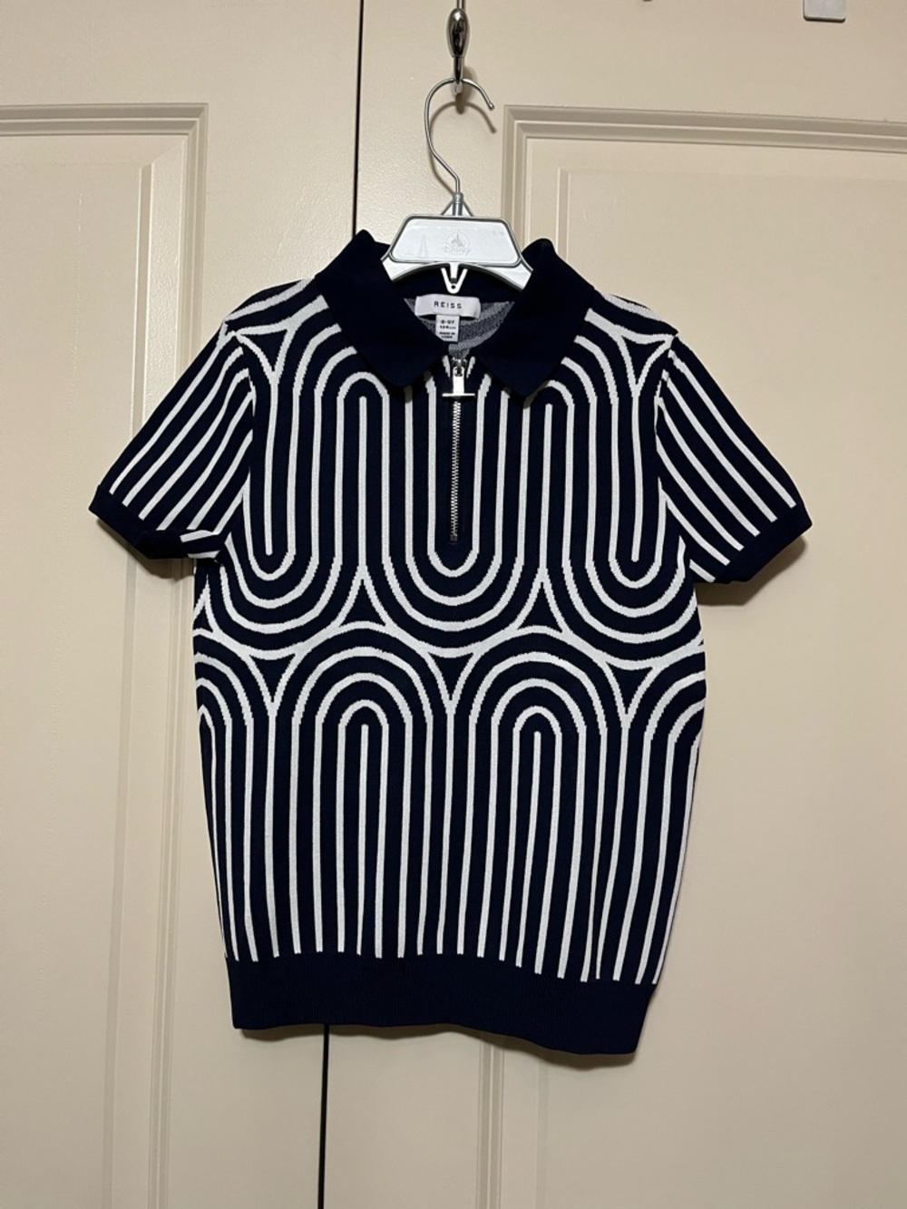 Reiss Navy & White Geometric Short-Sleeve Zip Polo